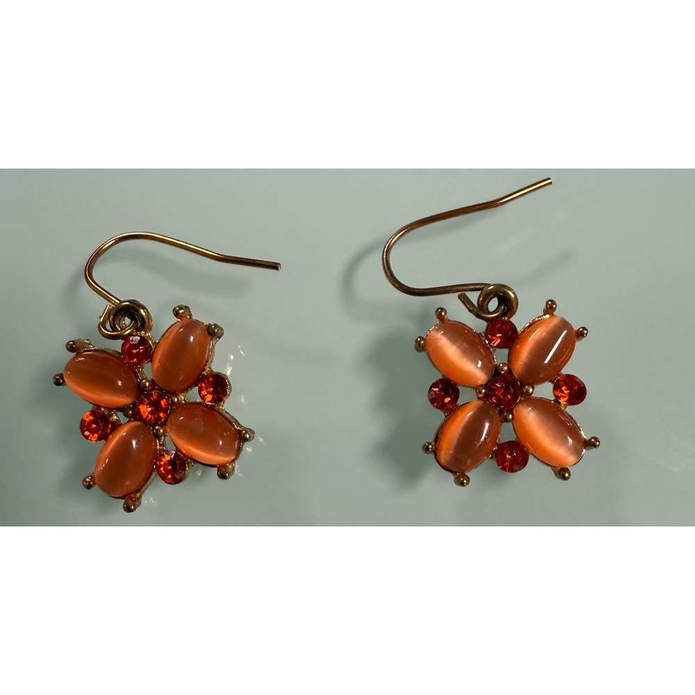 VTG Gold Tone Floral Hook Earrings w/‎ Cat's-Eye Cabochon Stones & Rhinestones